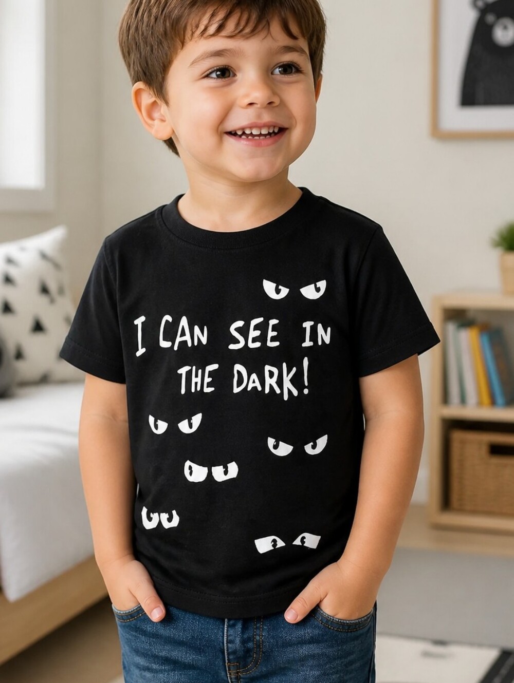 H&M Little Boys Black Spooky Eyes T-Shirt Casual Little Monster Shirt Kids Tee